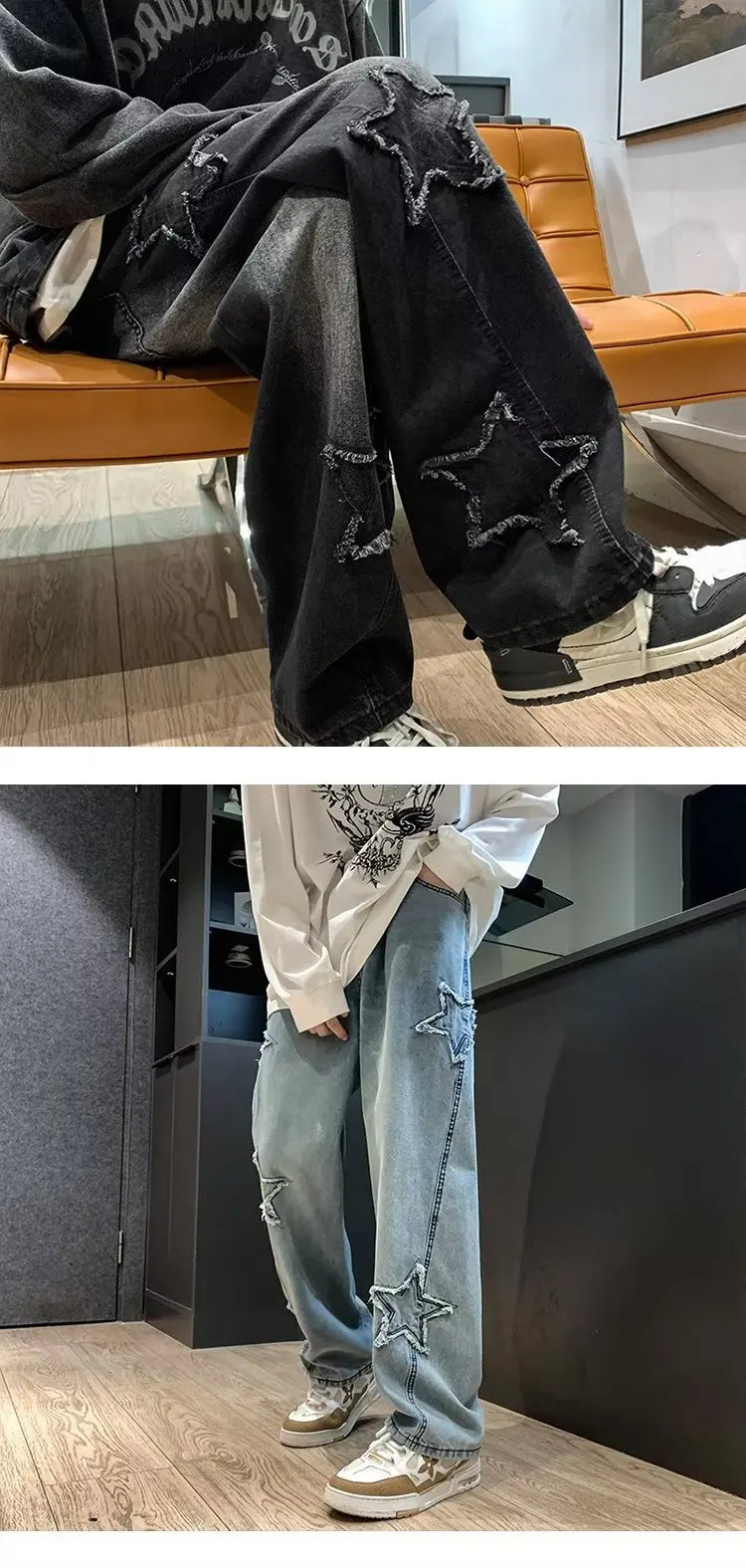 American HIPHOP Star Jeans Men's High Street Trendy Brand Loose Straight Leg Wide Leg Pants Street Trend Versatile Pants