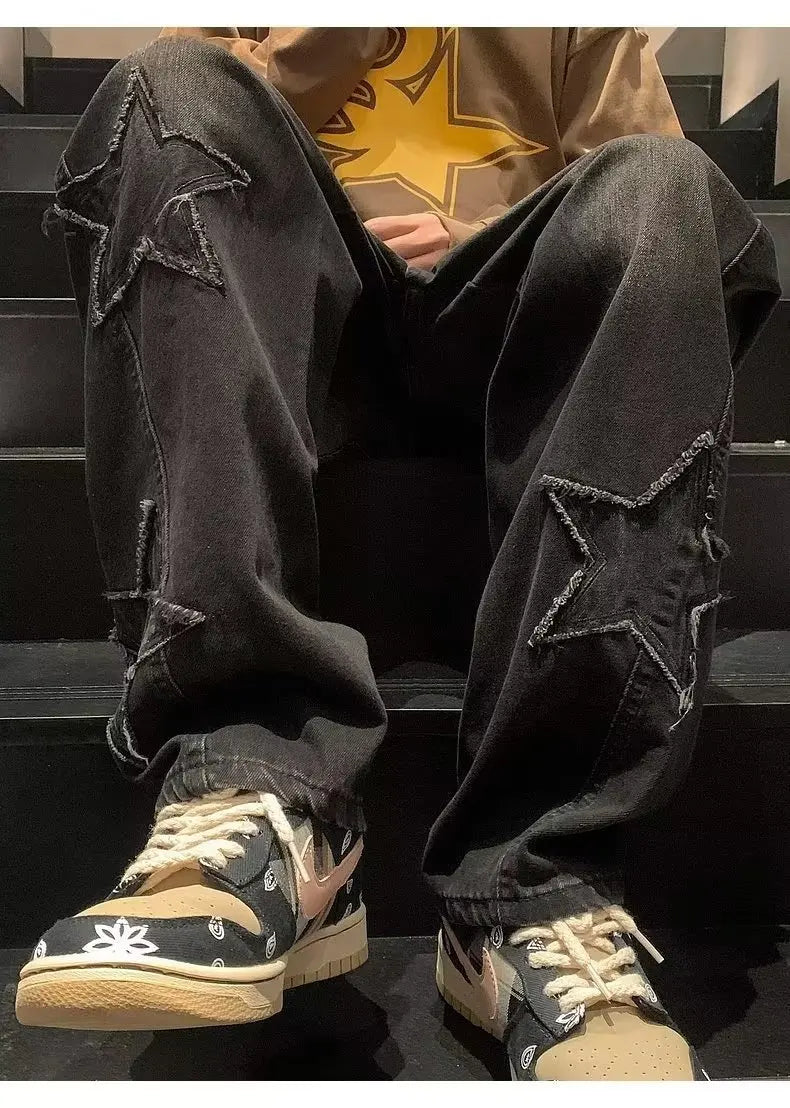 Star Embroidery Straight Casual Men Jeans Neutral Wide Leg Loose Hip-hop Fashion Youth Streetwear Denim Trousers Y2K pants men
