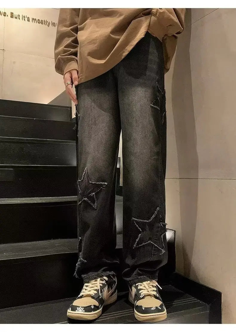 Star Embroidery Straight Casual Men Jeans Neutral Wide Leg Loose Hip-hop Fashion Youth Streetwear Denim Trousers Y2K pants men