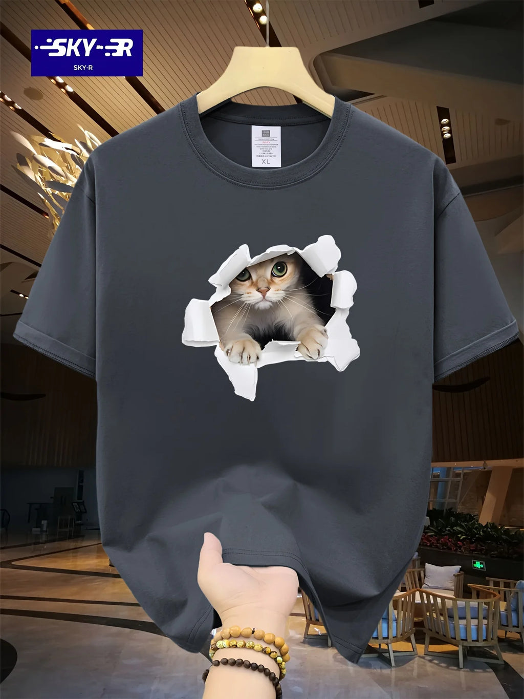 Men's Summer 100% Cotton 3D Cat Graphic Printed Fashion Sports and Leisure Loose Round Neck Short Sleeve T-shirt Top
