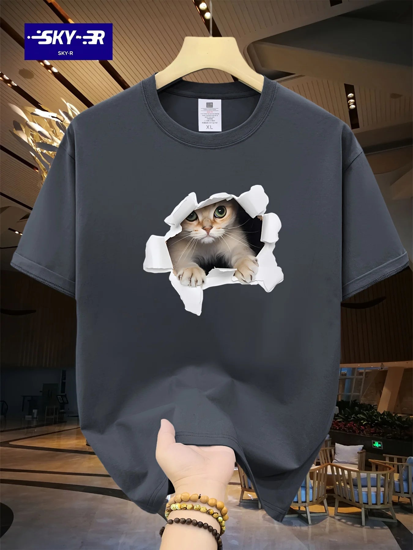 Men's Summer 100% Cotton 3D Cat Graphic Printed Fashion Sports and Leisure Loose Round Neck Short Sleeve T-shirt Top