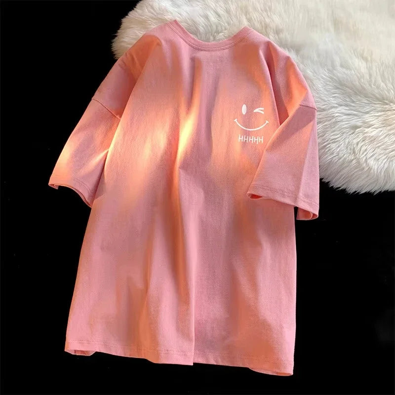 Men Women's Smiling Face Funny Fashion Couple Short Sleeved 2D T-shirt American Basic Simple Oversized Loose Boys' Pullover Top