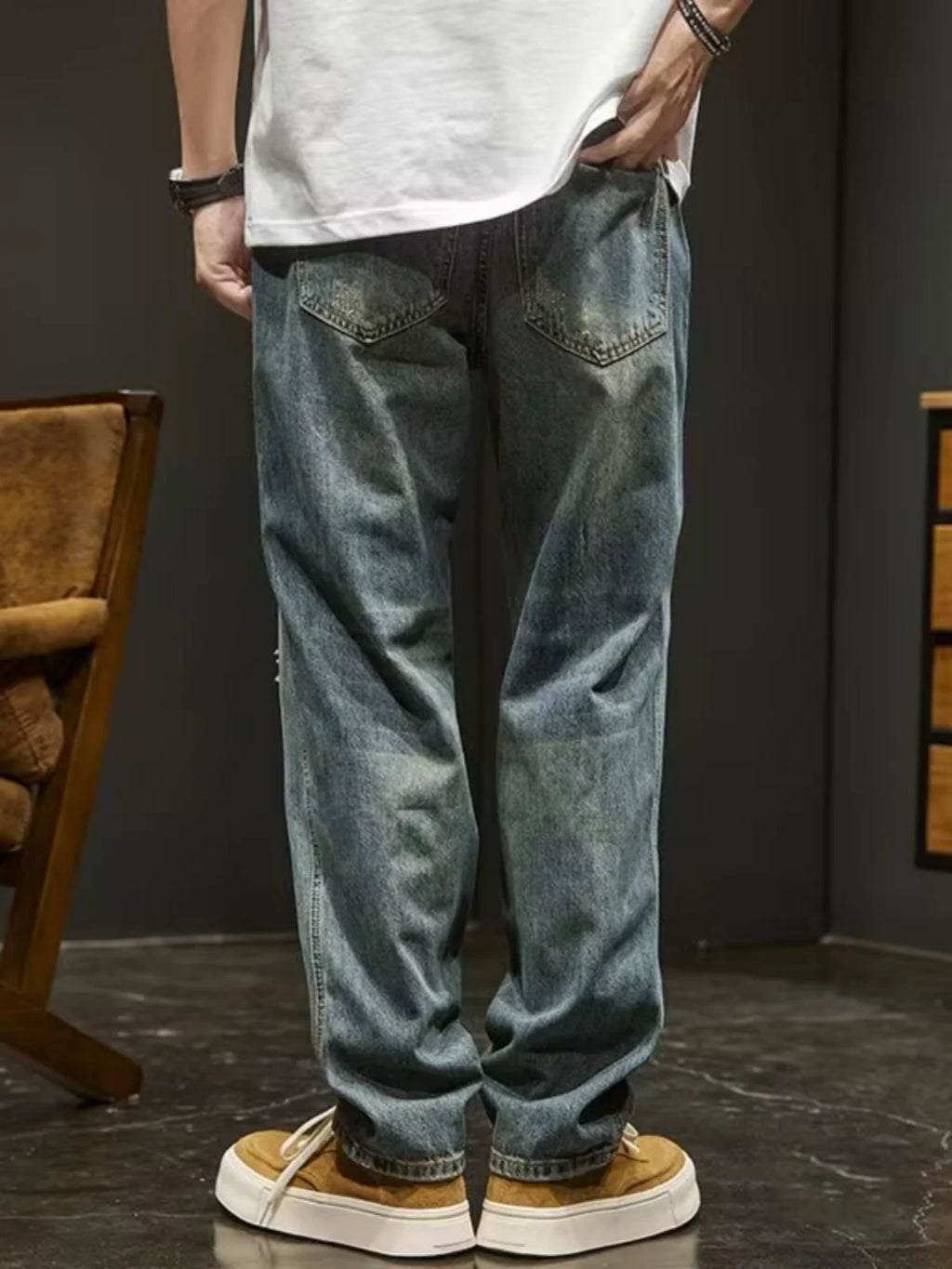 Ripped Denim Jeans Men's Spring New Sle Heavyweight Vintage Casual Long Pants American High Street Loose Straight Leg Pants