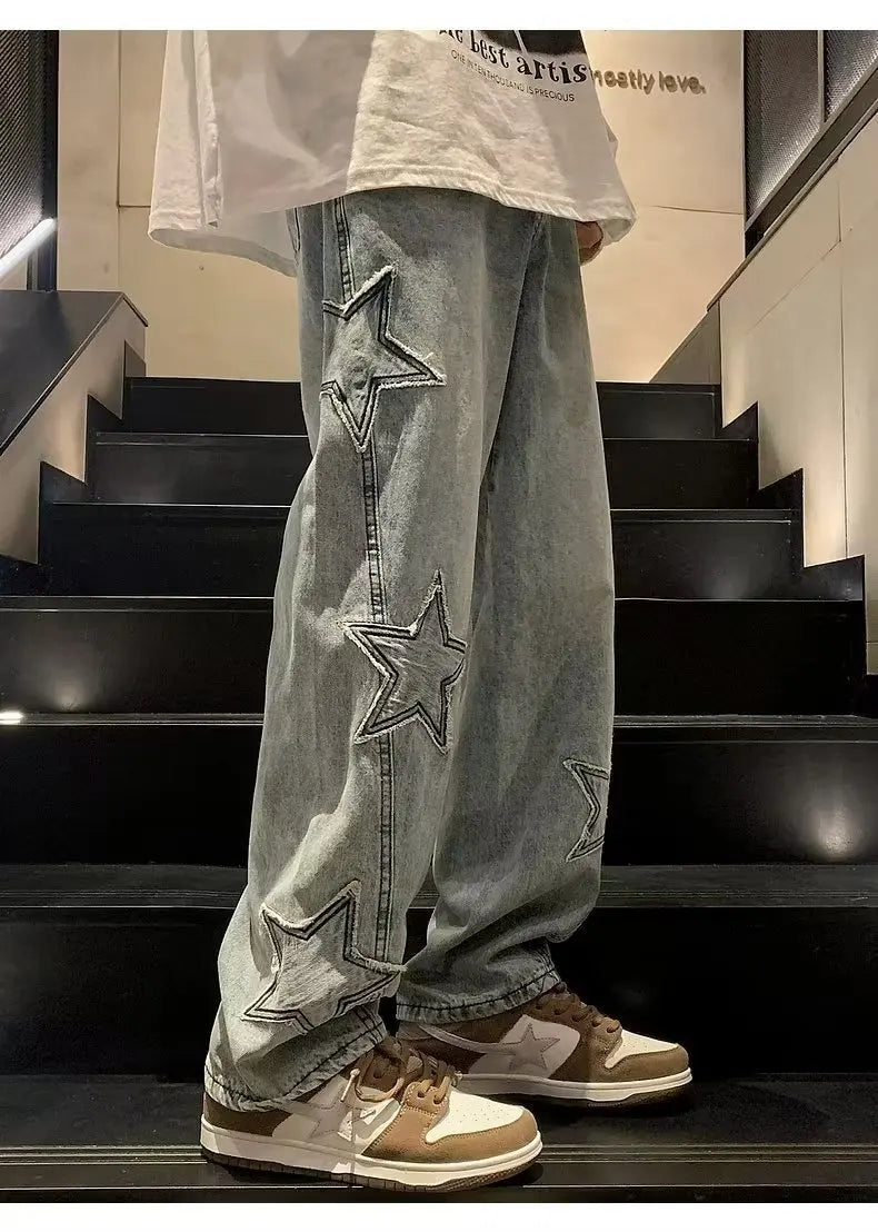 Star Embroidery Straight Casual Men Jeans Neutral Wide Leg Loose Hip-hop Fashion Youth Streetwear Denim Trousers Y2K pants men