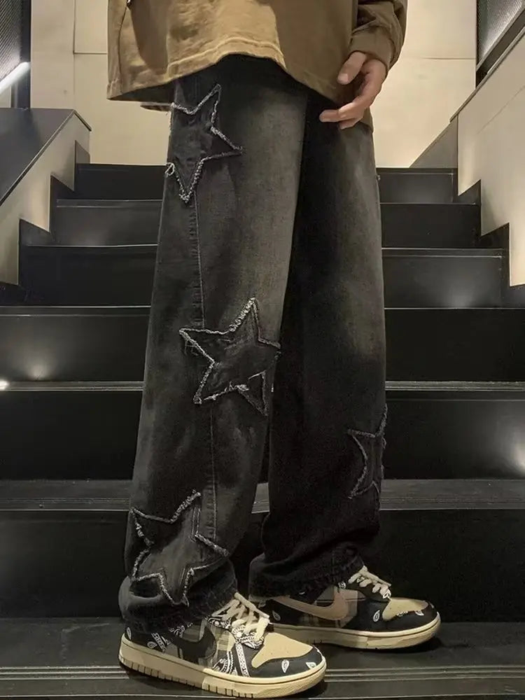 Star Embroidery Straight Casual Men Jeans Neutral Wide Leg Loose Hip-hop Fashion Youth Streetwear Denim Trousers Y2K pants men