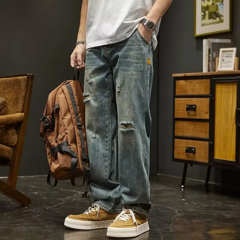 Ripped Denim Jeans Men's Spring New Sle Heavyweight Vintage Casual Long Pants American High Street Loose Straight Leg Pants