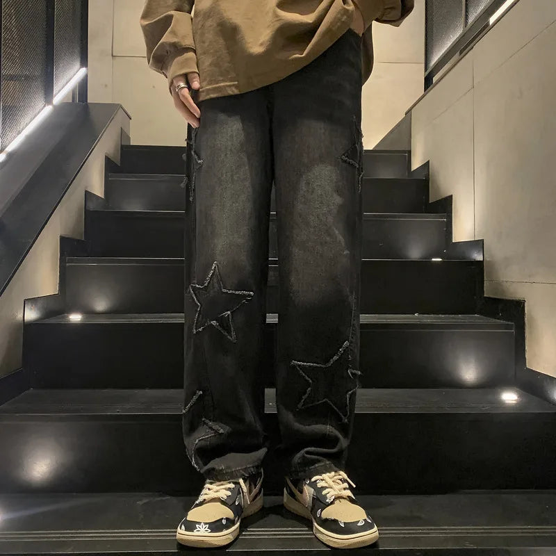 American HIPHOP Star Jeans Men's High Street Trendy Brand Loose Straight Leg Wide Leg Pants Street Trend Versatile Pants