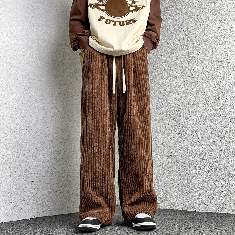 Corduroy Pants Men's Straight Pants Solid Color Drawstring Unisex Wide Leg Oversized Trousers Casual Japanese Style Male Pants