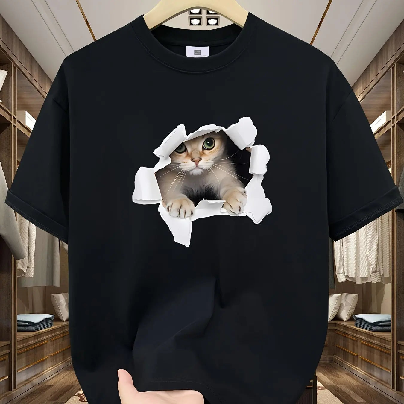 Men's Summer 100% Cotton 3D Cat Graphic Printed Fashion Sports and Leisure Loose Round Neck Short Sleeve T-shirt Top