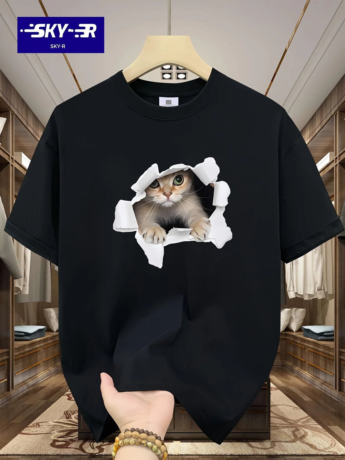 Men's Summer 100% Cotton 3D Cat Graphic Printed Fashion Sports and Leisure Loose Round Neck Short Sleeve T-shirt Top