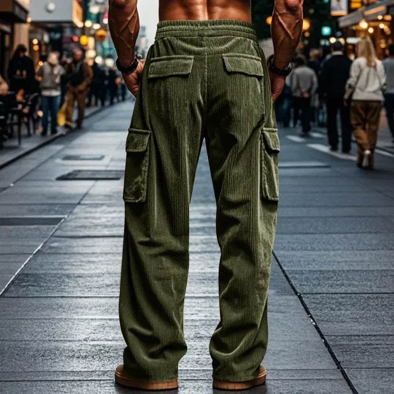 Men's Retro American Corduroy Casual Trousers 2025 Loose Fit Multi-Pocket Straight Leg for Comfortable Wear
