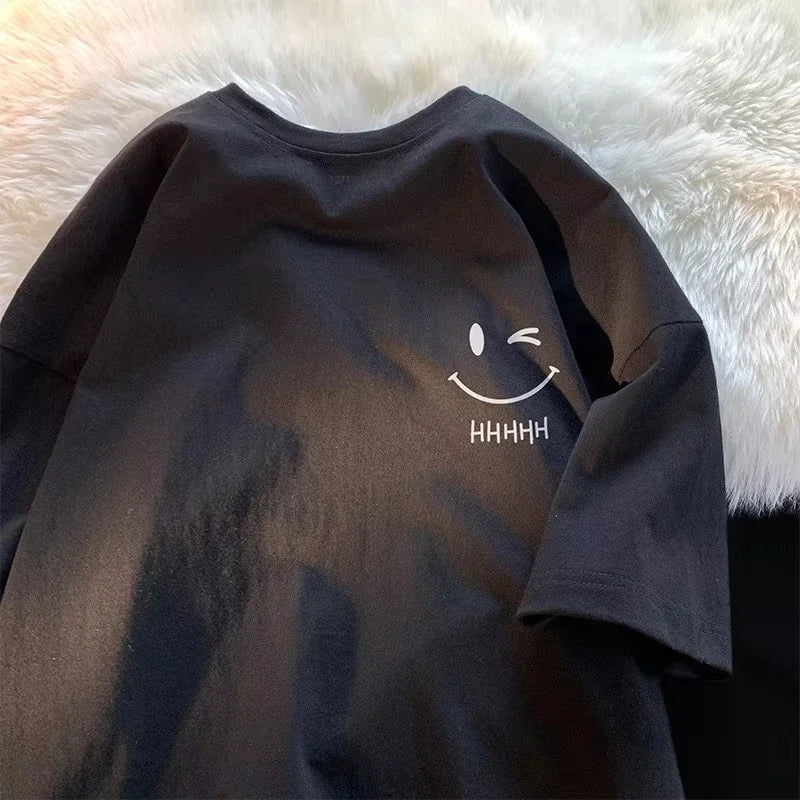 Men Women's Smiling Face Funny Fashion Couple Short Sleeved 2D T-shirt American Basic Simple Oversized Loose Boys' Pullover Top