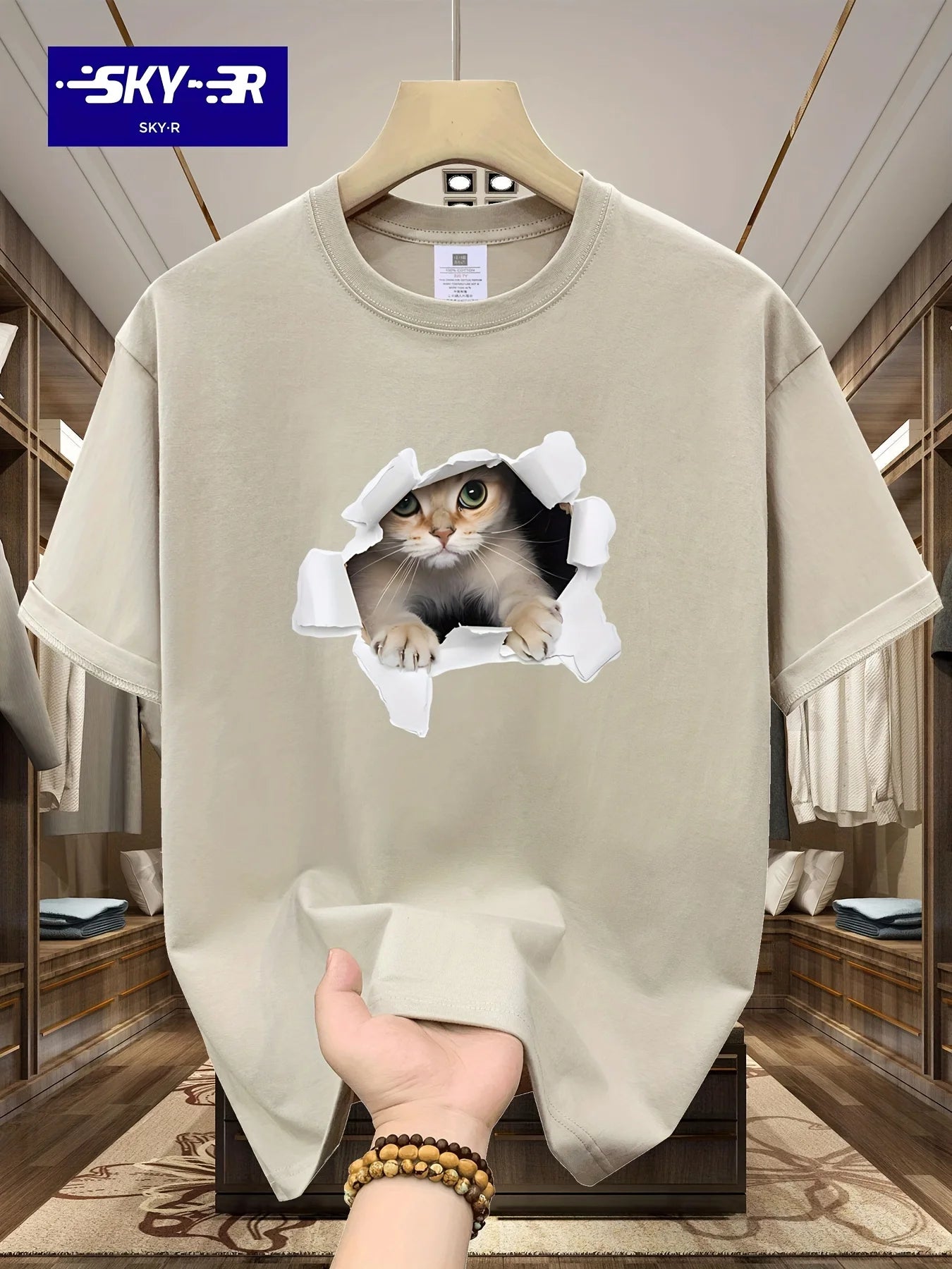 Men's Summer 100% Cotton 3D Cat Graphic Printed Fashion Sports and Leisure Loose Round Neck Short Sleeve T-shirt Top