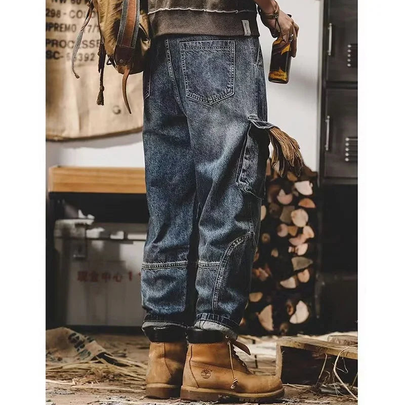 Men's Fashion Multi Pockets Design Cargo Trousers American Vintage Wide Leg Denim Pants Trend Cool Style Streetwear Jeans Male