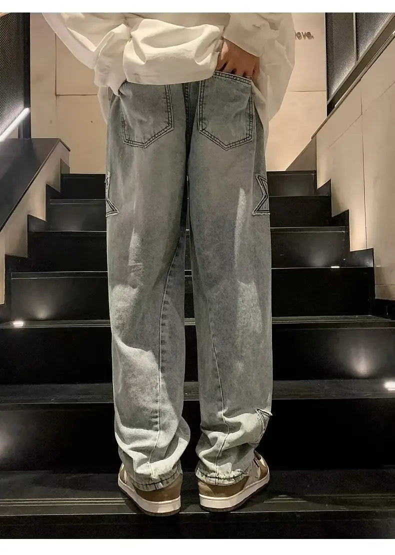 Star Embroidery Straight Casual Men Jeans Neutral Wide Leg Loose Hip-hop Fashion Youth Streetwear Denim Trousers Y2K pants men