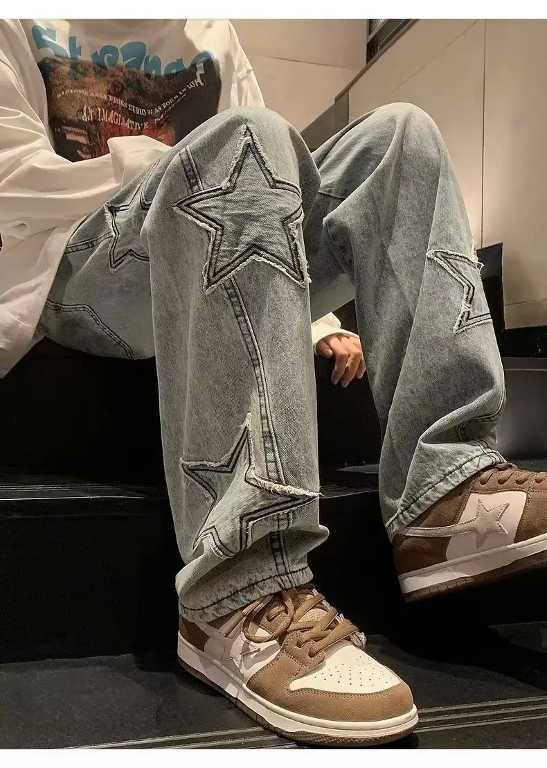 Star Embroidery Straight Casual Men Jeans Neutral Wide Leg Loose Hip-hop Fashion Youth Streetwear Denim Trousers Y2K pants men