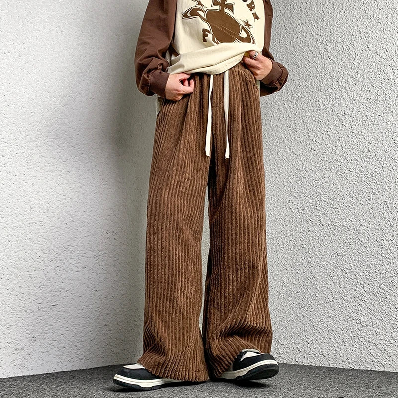 Corduroy Pants Men's Straight Pants Solid Color Drawstring Unisex Wide Leg Oversized Trousers Casual Japanese Style Male Pants