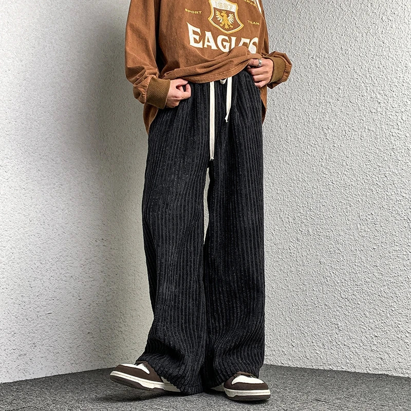 Corduroy Pants Men's Straight Pants Solid Color Drawstring Unisex Wide Leg Oversized Trousers Casual Japanese Style Male Pants