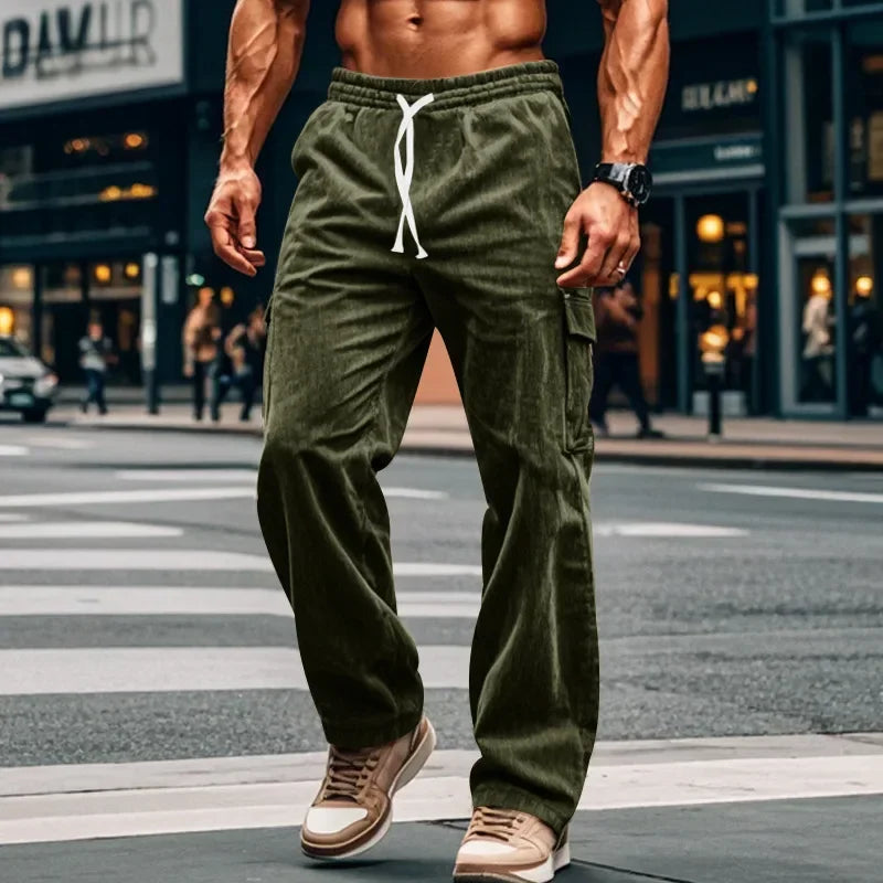 Men's Retro American Corduroy Casual Trousers 2025 Loose Fit Multi-Pocket Straight Leg for Comfortable Wear