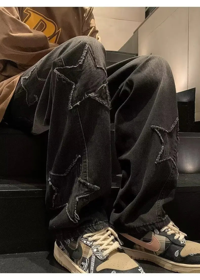 Star Embroidery Straight Casual Men Jeans Neutral Wide Leg Loose Hip-hop Fashion Youth Streetwear Denim Trousers Y2K pants men