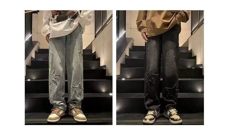 Star Embroidery Straight Casual Men Jeans Neutral Wide Leg Loose Hip-hop Fashion Youth Streetwear Denim Trousers Y2K pants men