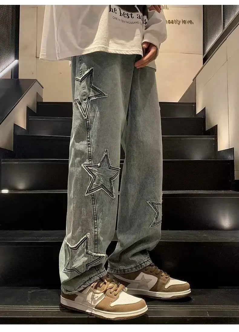 Star Embroidery Straight Casual Men Jeans Neutral Wide Leg Loose Hip-hop Fashion Youth Streetwear Denim Trousers Y2K pants men