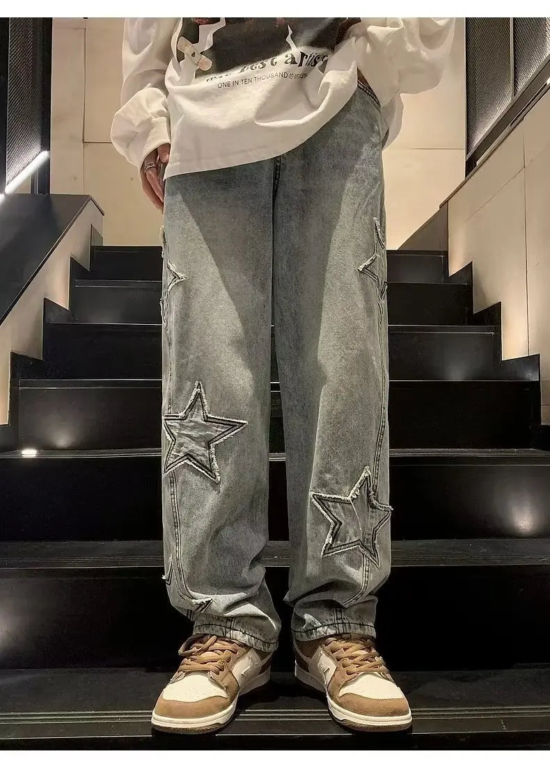 Star Embroidery Straight Casual Men Jeans Neutral Wide Leg Loose Hip-hop Fashion Youth Streetwear Denim Trousers Y2K pants men