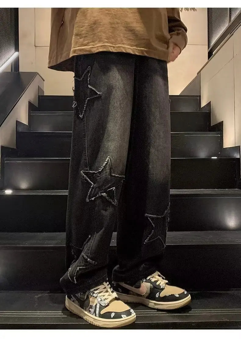 Star Embroidery Straight Casual Men Jeans Neutral Wide Leg Loose Hip-hop Fashion Youth Streetwear Denim Trousers Y2K pants men