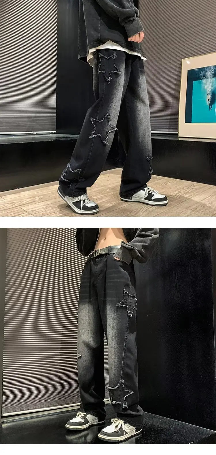 American HIPHOP Star Jeans Men's High Street Trendy Brand Loose Straight Leg Wide Leg Pants Street Trend Versatile Pants