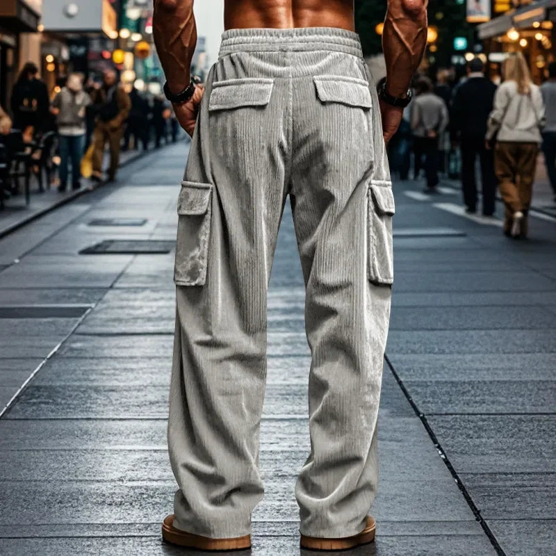Men's Retro American Corduroy Casual Trousers 2025 Loose Fit Multi-Pocket Straight Leg for Comfortable Wear