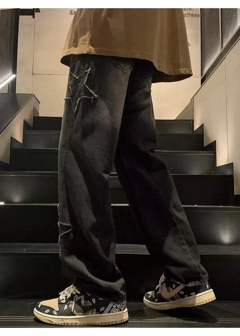Star Embroidery Straight Casual Men Jeans Neutral Wide Leg Loose Hip-hop Fashion Youth Streetwear Denim Trousers Y2K pants men