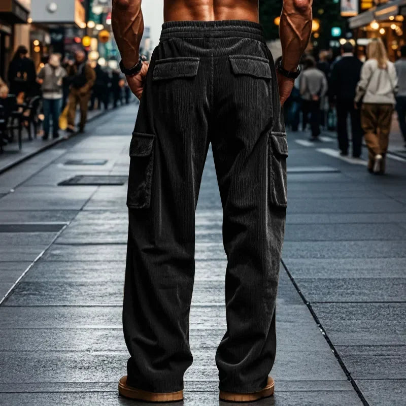 Men's Retro American Corduroy Casual Trousers 2025 Loose Fit Multi-Pocket Straight Leg for Comfortable Wear