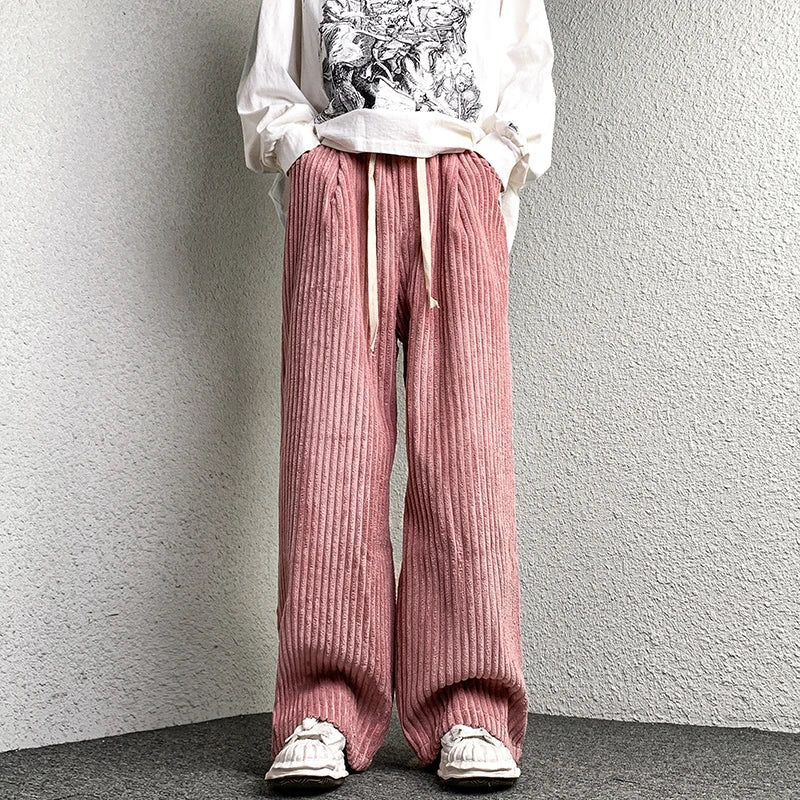 Corduroy Pants Men's Straight Pants Solid Color Drawstring Unisex Wide Leg Oversized Trousers Casual Japanese Style Male Pants