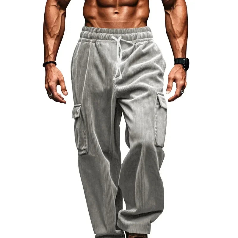 Men's Retro American Corduroy Casual Trousers 2025 Loose Fit Multi-Pocket Straight Leg for Comfortable Wear
