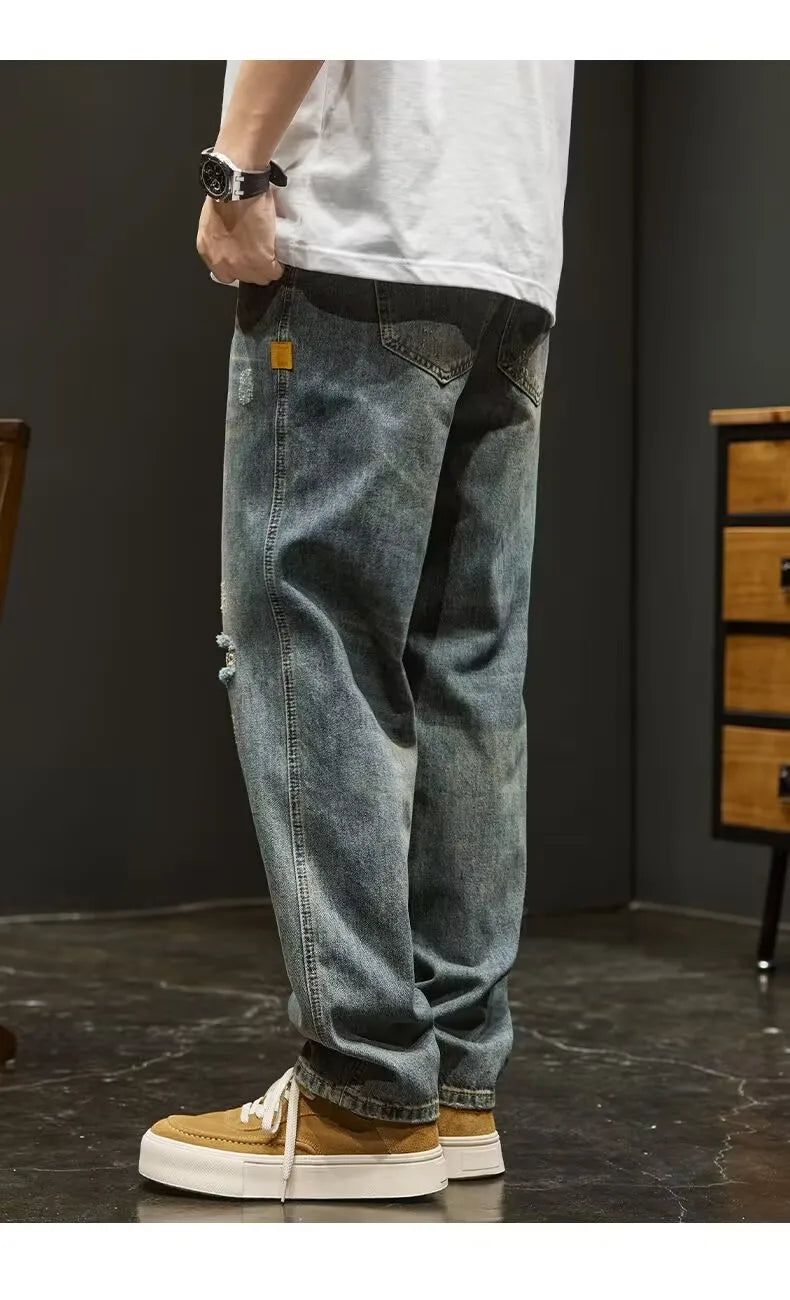 Ripped Denim Jeans Men's Spring New Sle Heavyweight Vintage Casual Long Pants American High Street Loose Straight Leg Pants