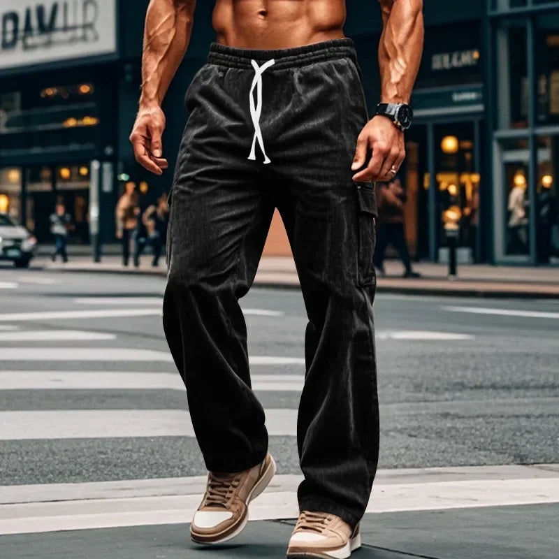 Men's Retro American Corduroy Casual Trousers 2025 Loose Fit Multi-Pocket Straight Leg for Comfortable Wear