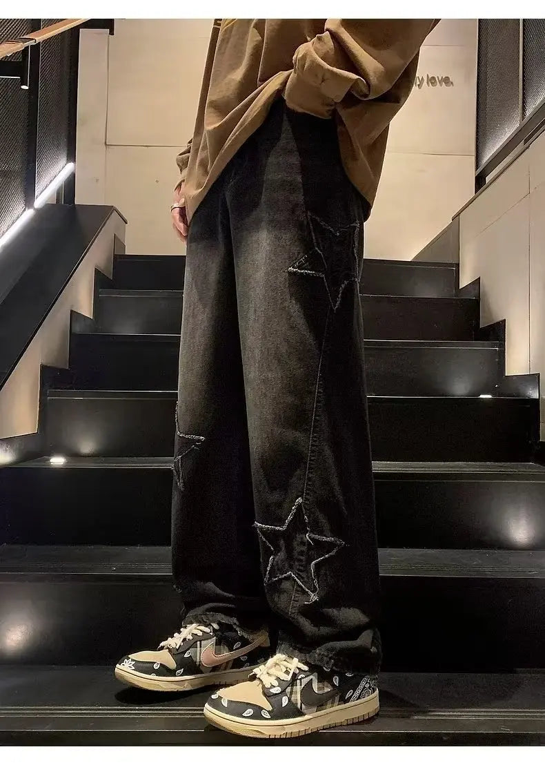 Star Embroidery Straight Casual Men Jeans Neutral Wide Leg Loose Hip-hop Fashion Youth Streetwear Denim Trousers Y2K pants men