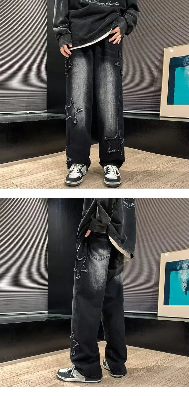 American HIPHOP Star Jeans Men's High Street Trendy Brand Loose Straight Leg Wide Leg Pants Street Trend Versatile Pants