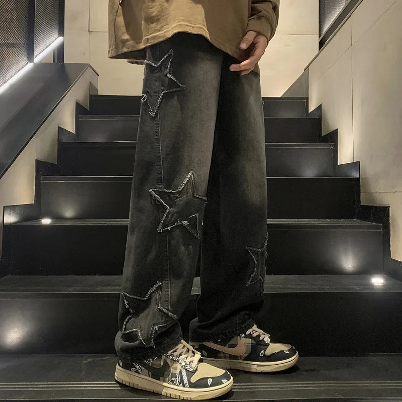 American HIPHOP Star Jeans Men's High Street Trendy Brand Loose Straight Leg Wide Leg Pants Street Trend Versatile Pants