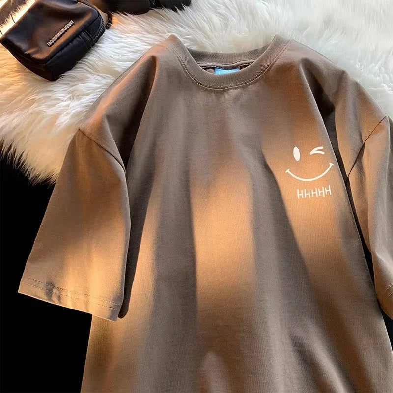 Men Women's Smiling Face Funny Fashion Couple Short Sleeved 2D T-shirt American Basic Simple Oversized Loose Boys' Pullover Top