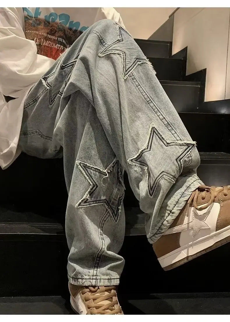 Star Embroidery Straight Casual Men Jeans Neutral Wide Leg Loose Hip-hop Fashion Youth Streetwear Denim Trousers Y2K pants men
